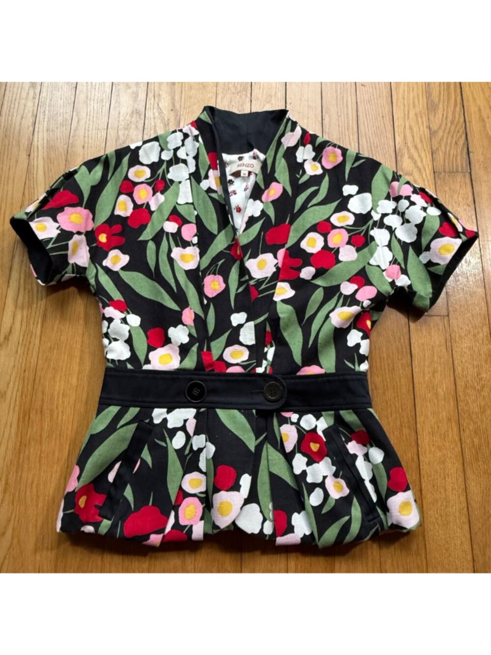 Kenzo Size M Floral Linen Blend Short Sleeve Blazer Jacket with Black Belt - Picture 13 of 16